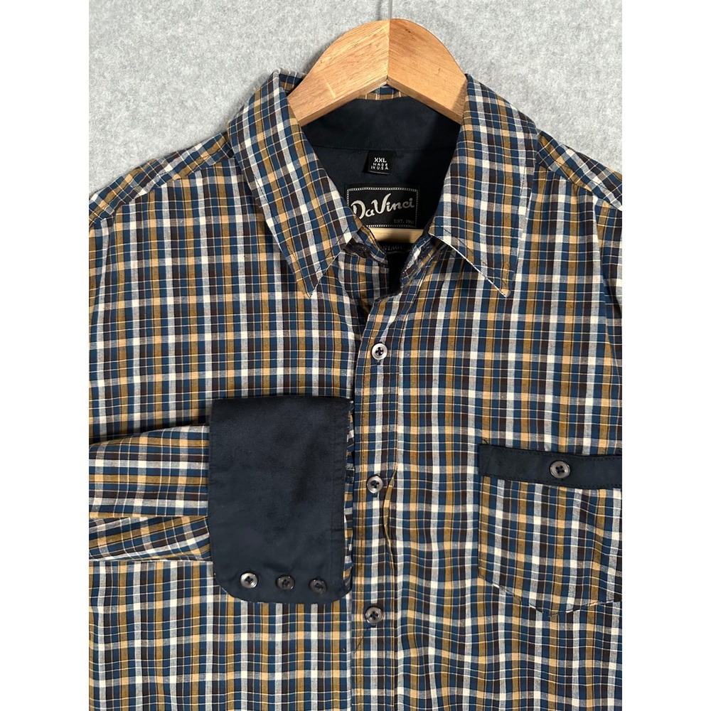 Vtg DaVinci Plaid Button Up Shirt XXL Mens Cotton Made in USA Fleur de Lis Blue